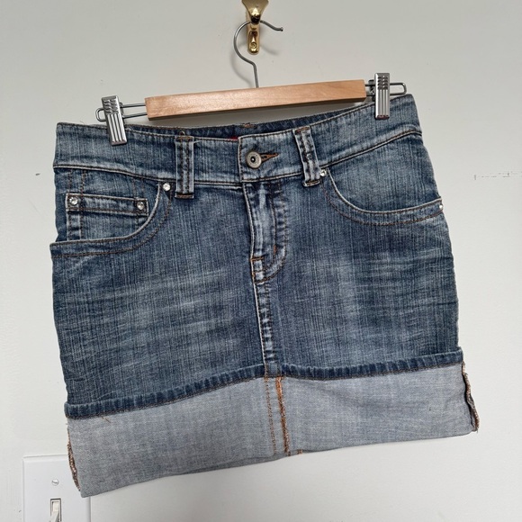 Y2K Upcycled Denim Mini Skirt | Vintage Low Rise Jean Skirt Cuffed Hem 7/8 - Picture 2 of 7